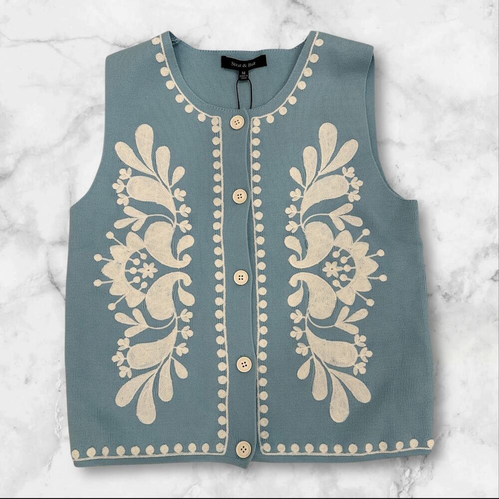 Boho Strut & Bolt Women’s Embroidered Button Front Vest Blue Ivory Folk Style M